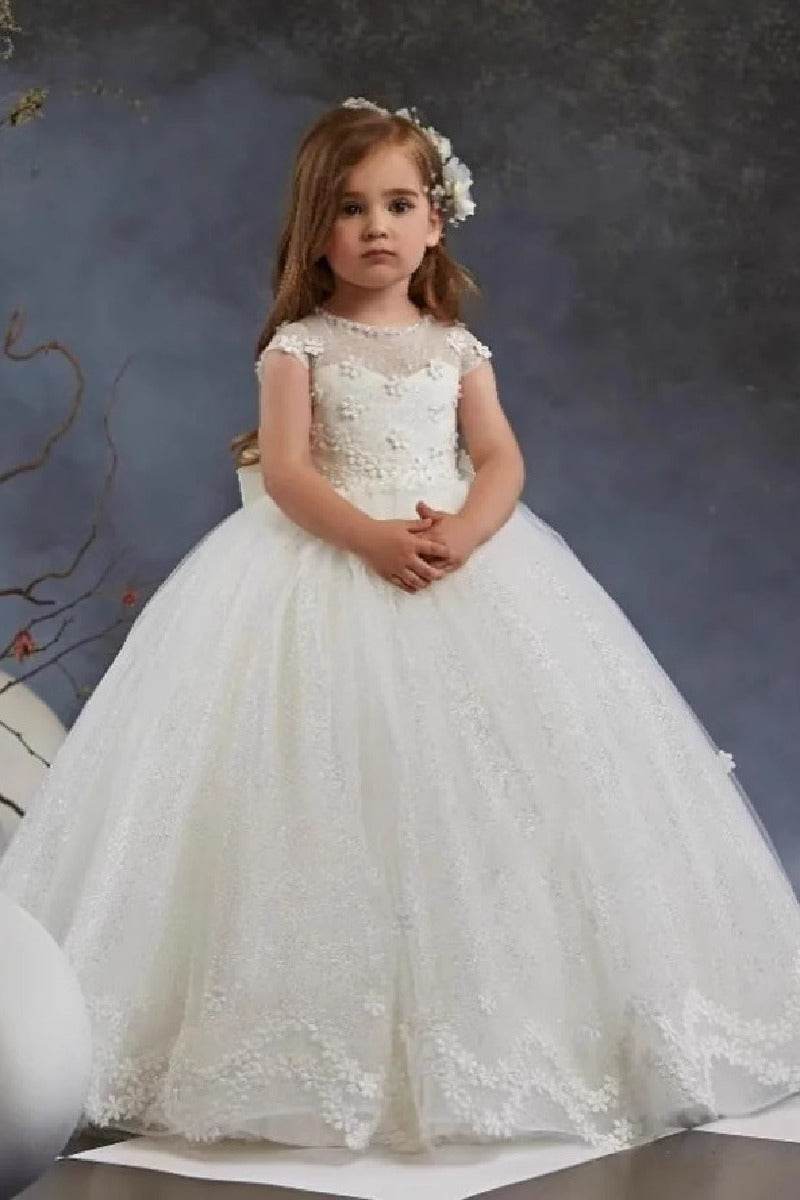 A-Line Illusion Neck Cap Sleeve Tulle Sweep-Brush Train Flower Girl Dresses 897953682012 - COCOMELODY